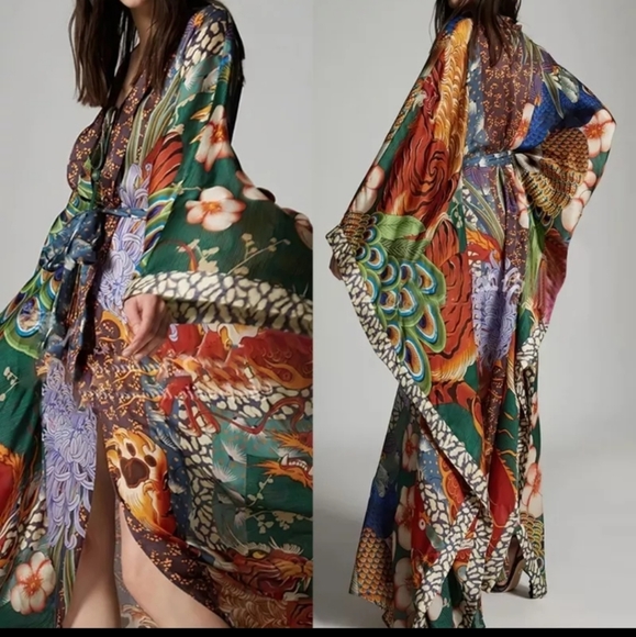 Peacock Feather Bohemian gypsy Kimono Duster - Picture 3 of 8